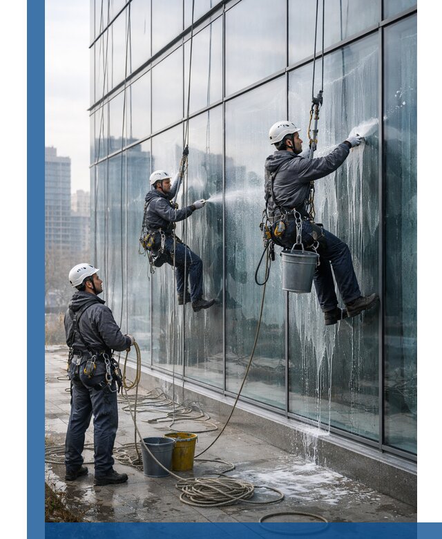 Промышленная мойка панорамных окон на высоте в Костомукше