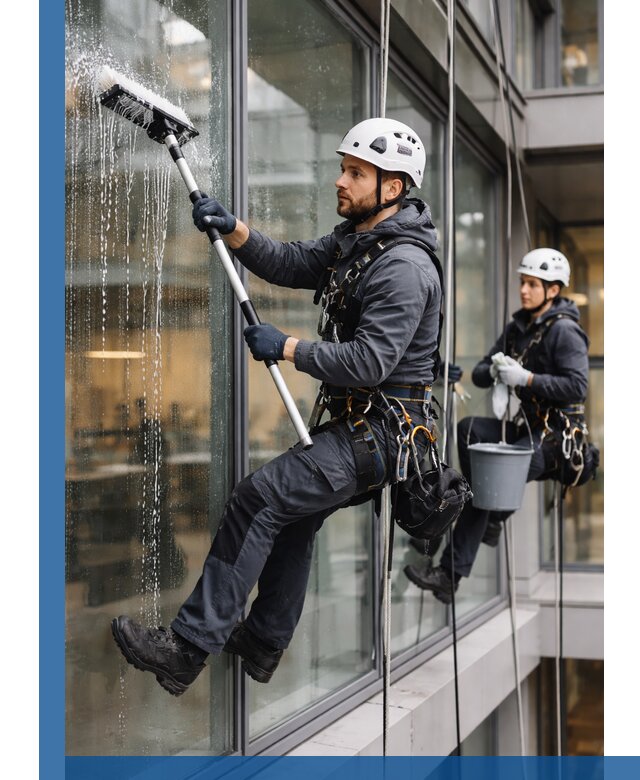 Профессиональная мойка витражей промышленными альпинистами в Костомукше