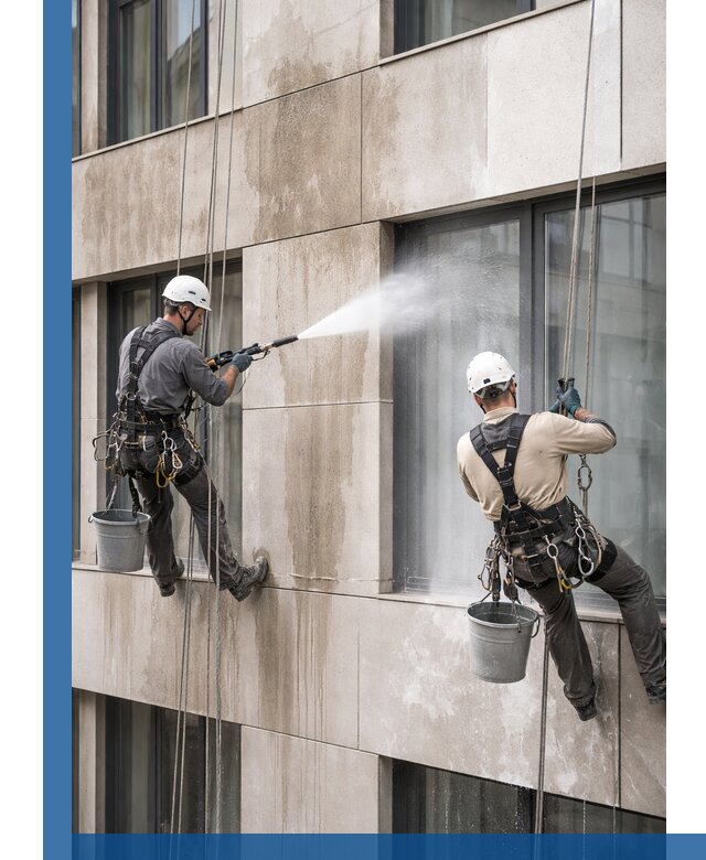 Послестроительная мойка фасада промышленным альпинизмом в Костомукше