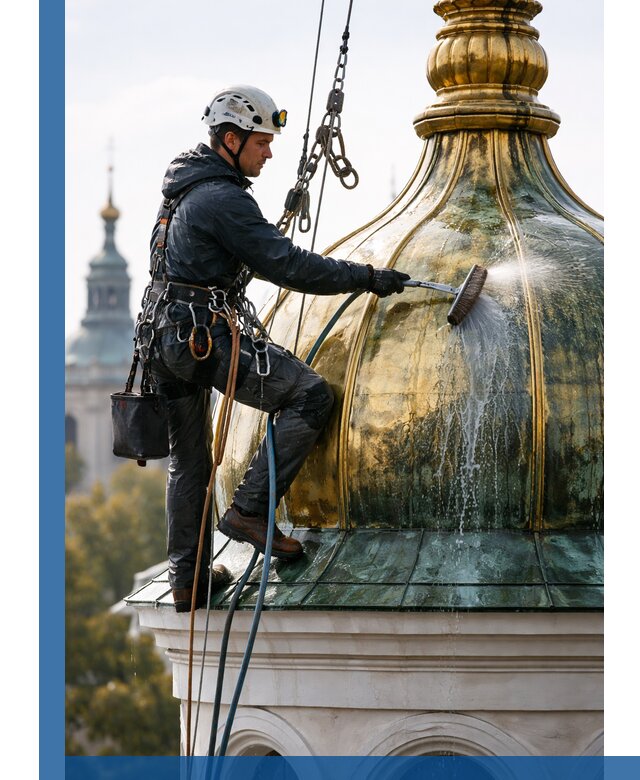 Профессиональная мойка куполов и шпилей высотными альпинистами в Костомукше