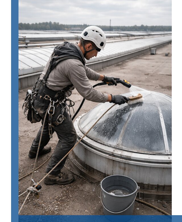 Мойка зенитных фонарей на кровле для промышленных объектов в Костомукше