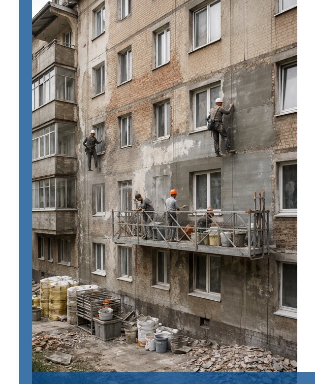 Капитальный ремонт фасада в Костомукше с восстановлением и гидроизоляцией