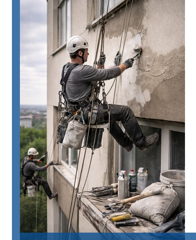Косметический ремонт фасада зданий в Костомукше промышленными альпинистами