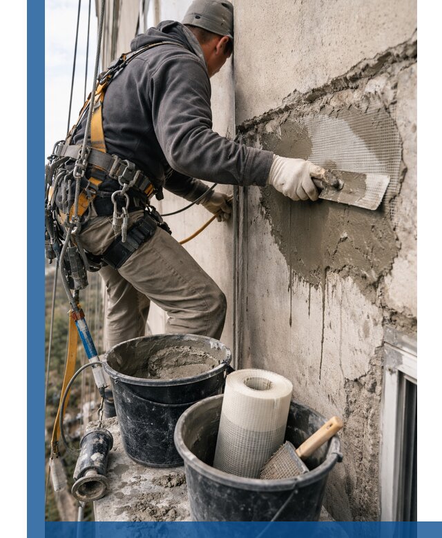 Ремонт бетонных элементов фасада промышленными альпинистами в Костомукше