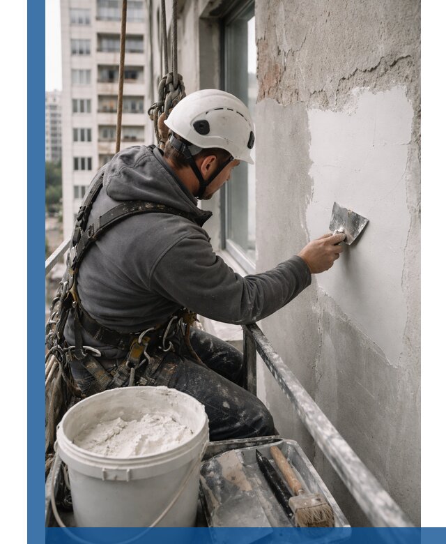 Шпаклевка фасадов на высоте с промальпинистами в Костомукше