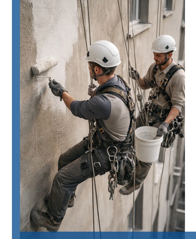 Грунтовка фасада на высоте в Костомукше промышленными альпинистами