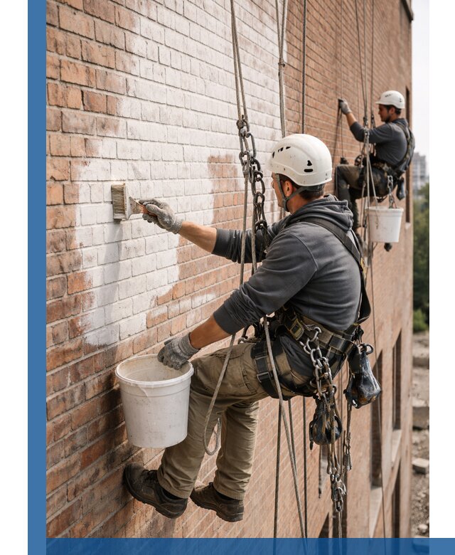 Покраска кирпичного фасада с доступным альпинистским сервисом в Костомукше
