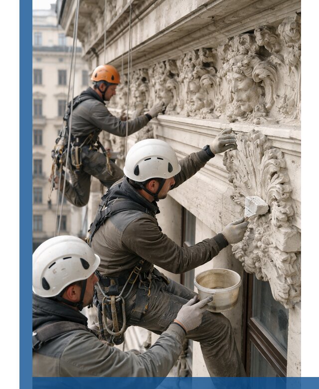 Реставрация фасадной лепнины с высотными работами в Костомукше