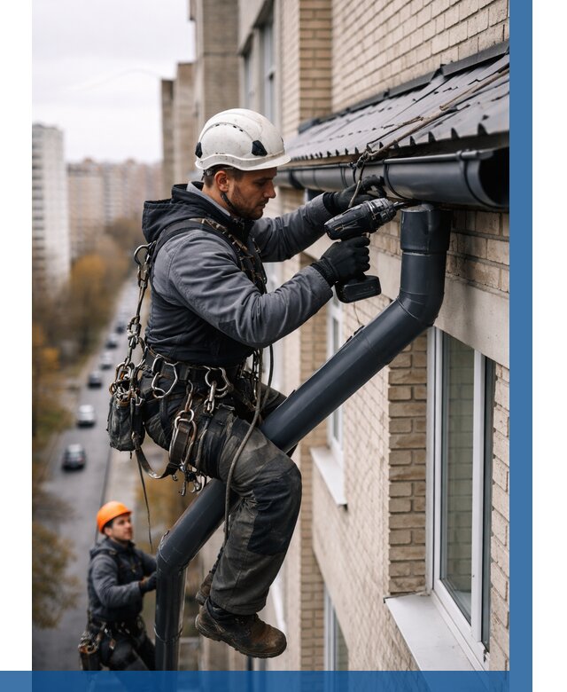 Монтаж водосточной системы на здании в Костомукше от 5101 р. | ВЫСОТНИК-Ктм