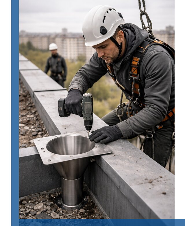 Монтаж водосточных воронок в Костомукше для промышленных зданий