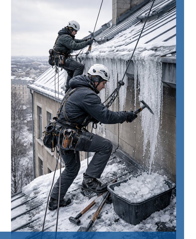 Удаление наледи с кровли в Костомукше от 5611 р. | ВЫСОТНИК-Ктм