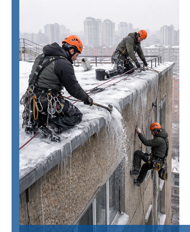 Удаление наледи с кровли в Костомукше промышленными альпинистами