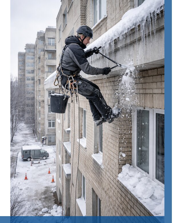 Удаление наледи с карнизов в Костомукше от 357 р. | ВЫСОТНИК-Ктм