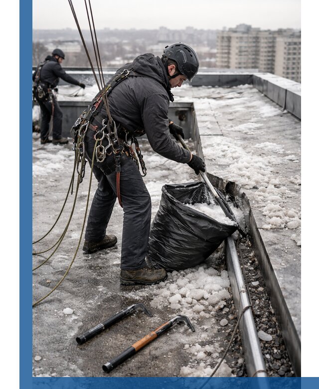 Аварийная очистка кровли в Костомукше от промальпинистов