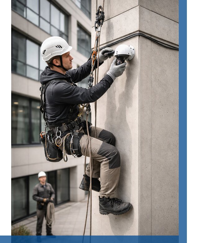 Монтаж камер видеонаблюдения на фасаде в Костомукше от 8672 р.-ВЫСОТНИК-Ктм