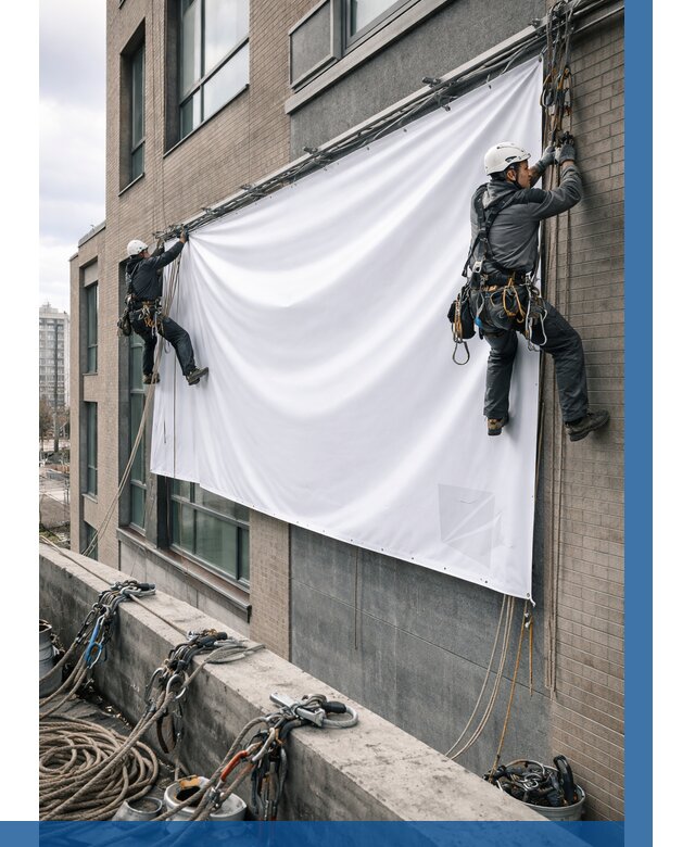 Монтаж баннеров на фасаде в Костомукше от 663 р. заказать ВЫСОТНИК-Ктм