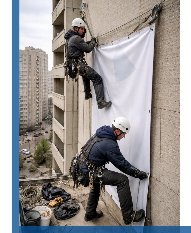 Профессиональный монтаж баннеров на фасаде в Костомукше