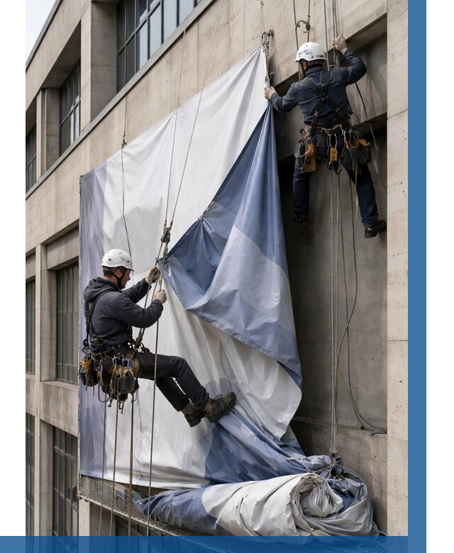 Демонтаж баннеров с фасада в Костомукше от 4591 р. | ВЫСОТНИК-Ктм