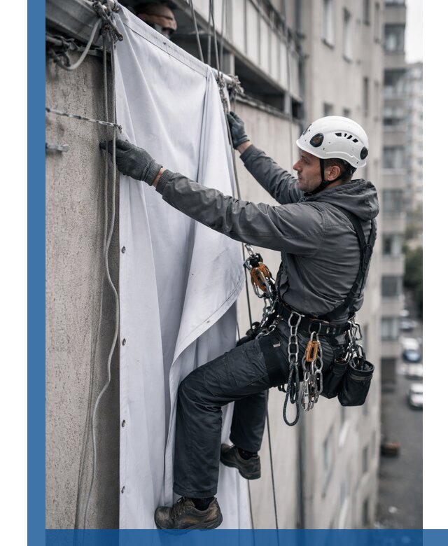 Замена баннерного полотна промышленными альпинистами в Костомукше