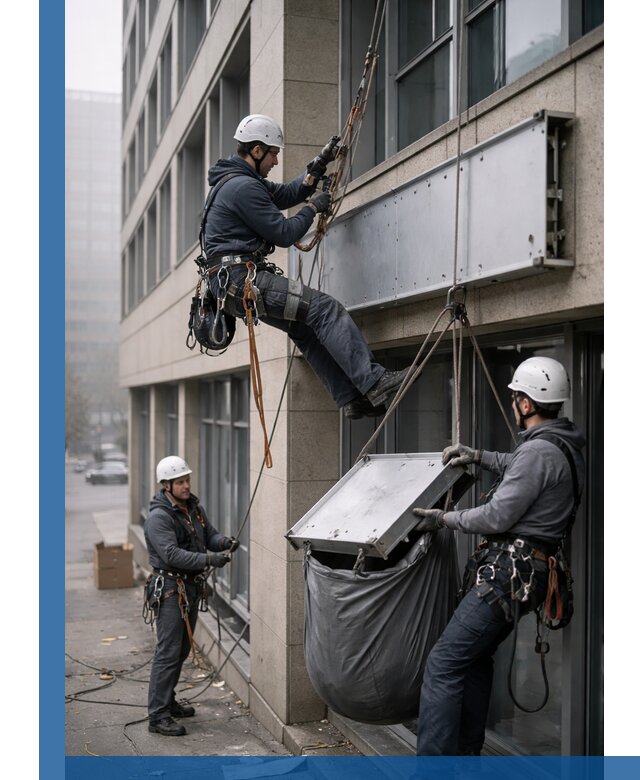 Демонтаж рекламной вывески с высотными работами в Костомукше