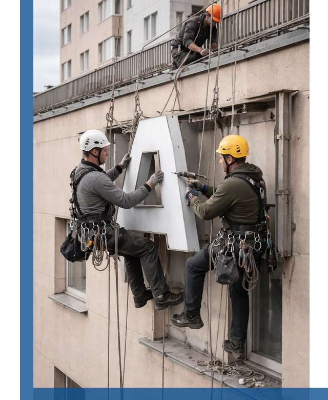 Ремонт и восстановление наружных вывесок на высоте в Костомукше