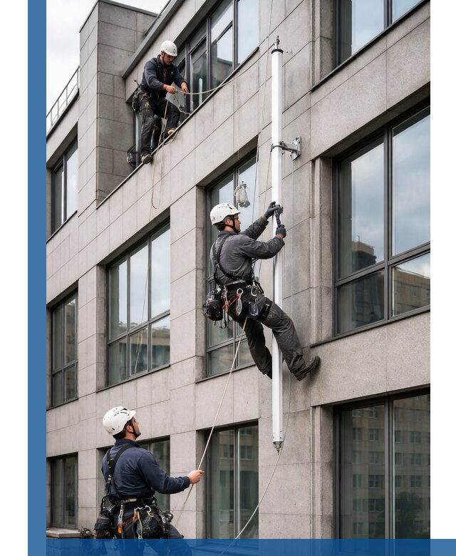 Монтаж флагштока на фасаде здания с креплением и герметикой в Костомукше