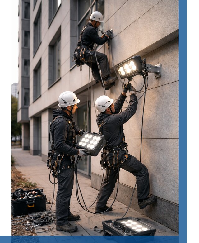 Монтаж прожекторов на фасаде в Костомукше от 7652 р. | ВЫСОТНИК-Ктм