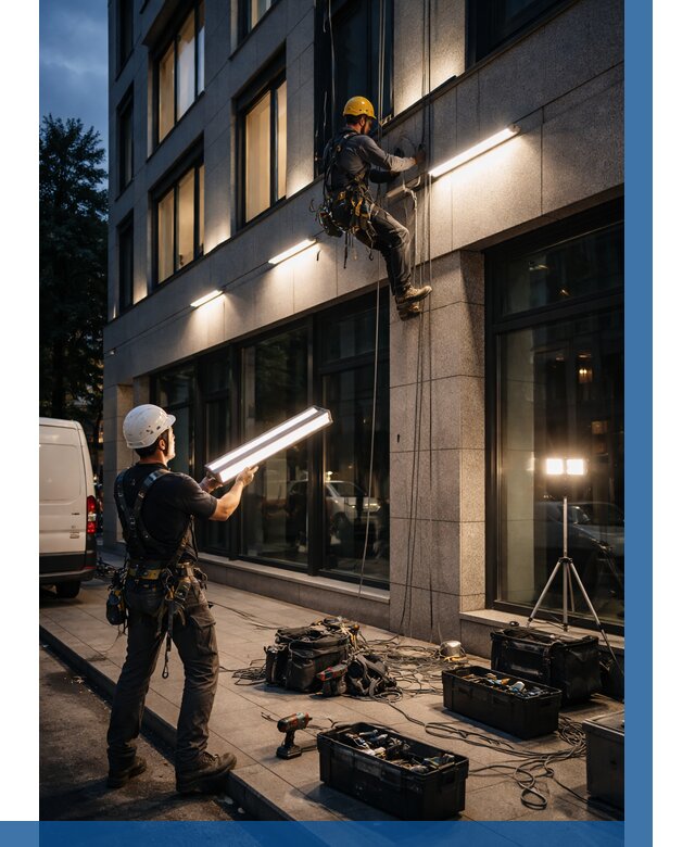 Монтаж архитектурной подсветки здания в Костомукше от 2551 р.|ВЫСОТНИК-Ктм