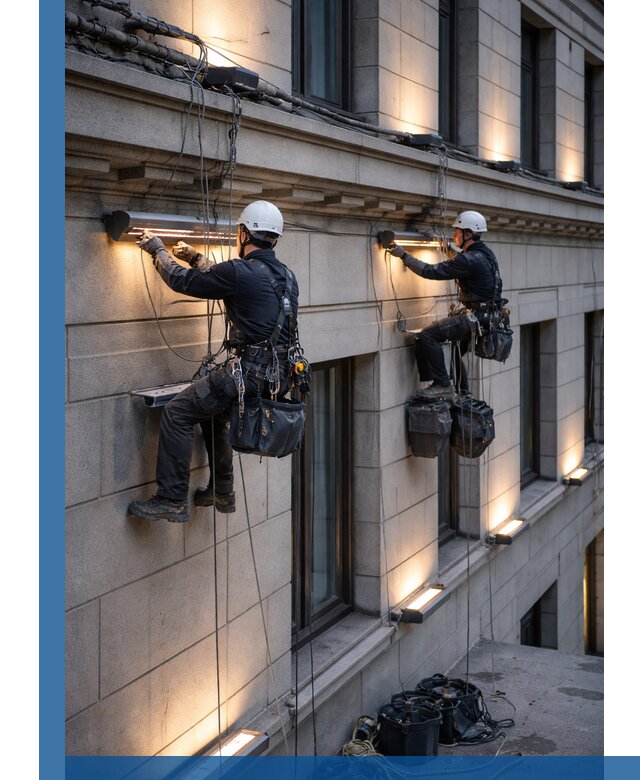 Монтаж архитектурной подсветки фасадов зданий в Костомукше