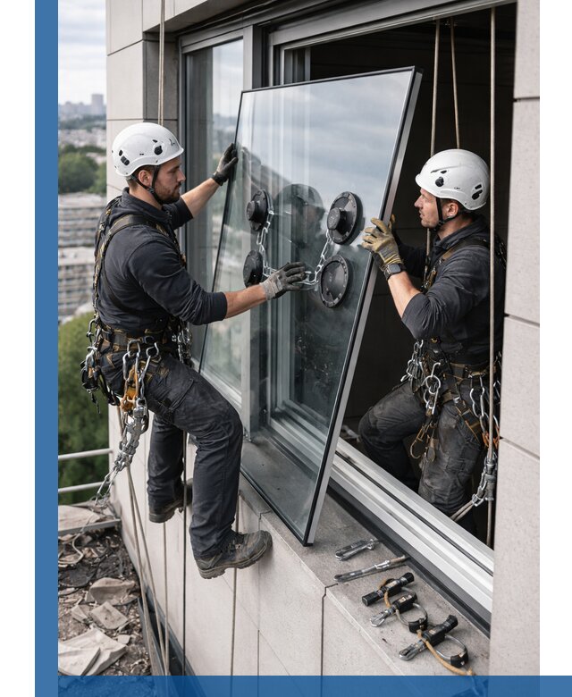 Замена стеклопакетов на высоте с промышленными альпинистами в Костомукше