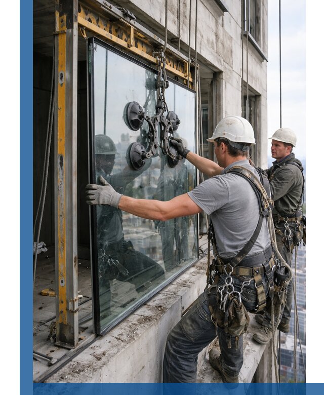 Монтаж стеклопакетов на высоте в Костомукше с промышленным альпинизмом