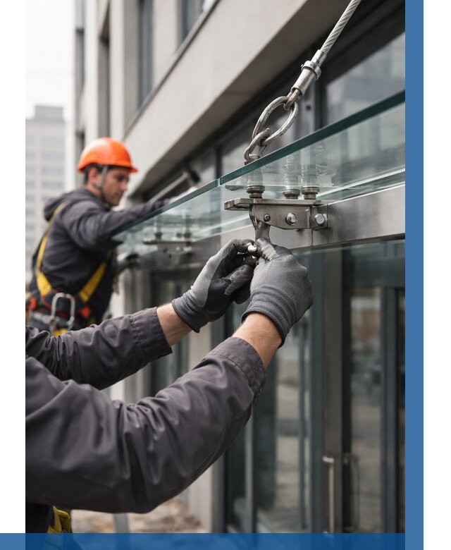 Монтаж стеклянных козырьков в Костомукше от 8672 р. | ВЫСОТНИК-Ктм