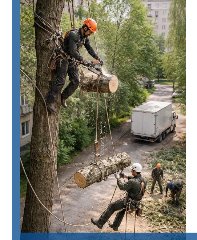Спил деревьев альпинистами в Костомукше, безопасно и без повреждений
