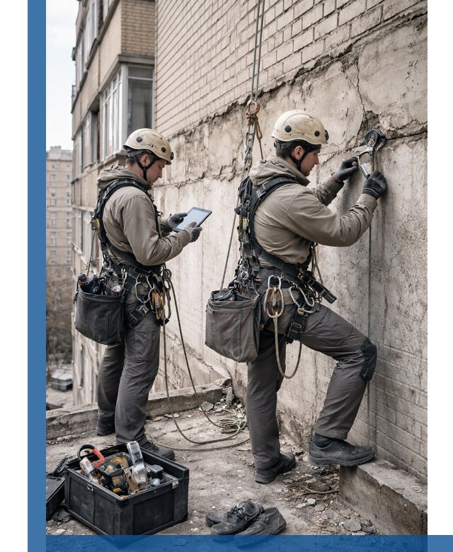 Обследование фасада промышленными альпинистами в Костомукше